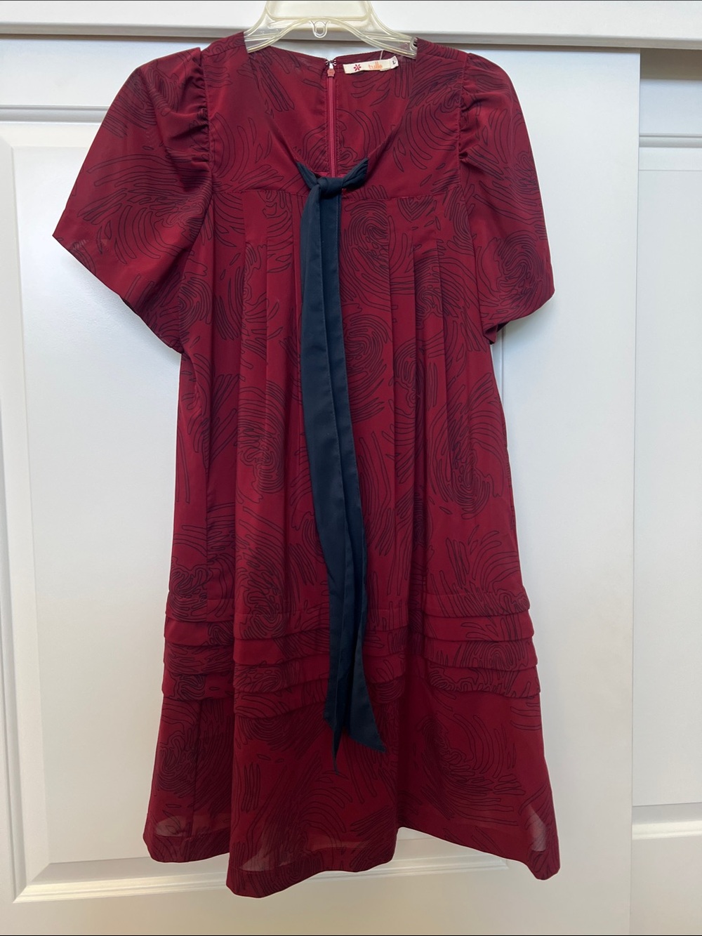 Burgundy Short Sleeve Dress with Black Tie